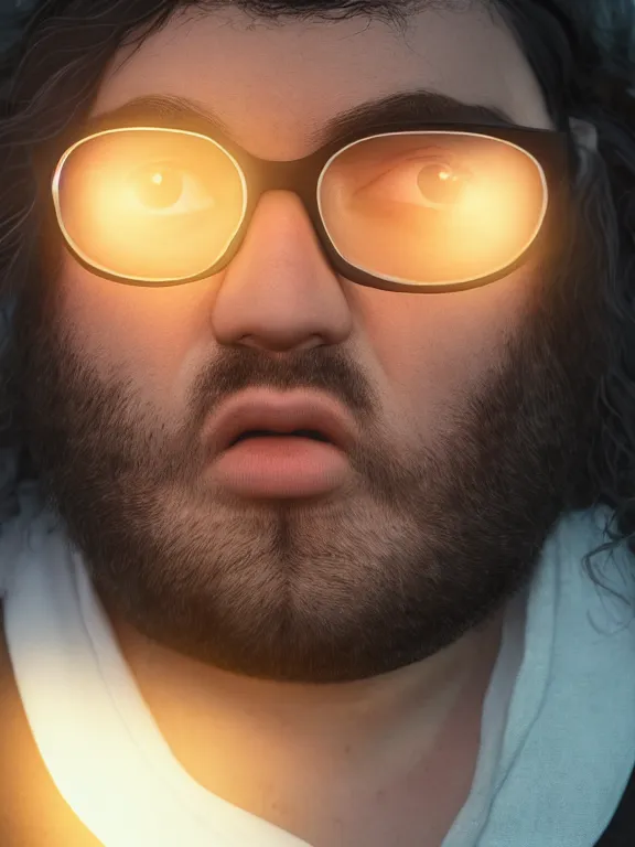 Prompt: portrait art of a chubby man with glasses and long curly black hair, 8k, ultra realistic , lens flare, atmosphere, glow, detailed, intricate, full of colour, cinematic lighting, trending on artstation, 4k, hyperrealistic, focused, extreme details, unreal engine 5, cinematic, masterpiece