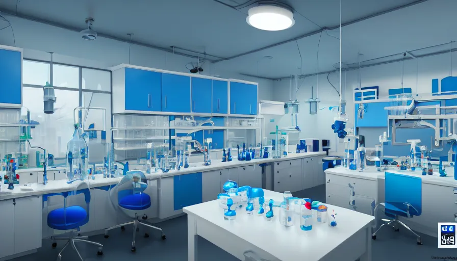 Prompt: a small biology laboratory, white and blue decorations in the room, colorful reagents and a microscope on the table. game cg, hyperdetailed, trending on cgsociety