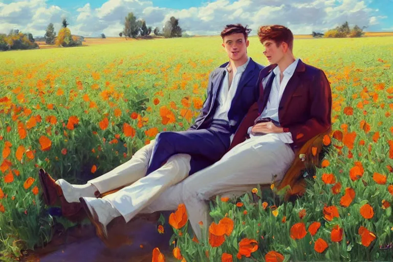 Image similar to 2 attractive men sitting on a coach in flower field, blue sky with clouds, painting by vladimir volegov, j. c. leyendecker, tom of finland, trending on artstation