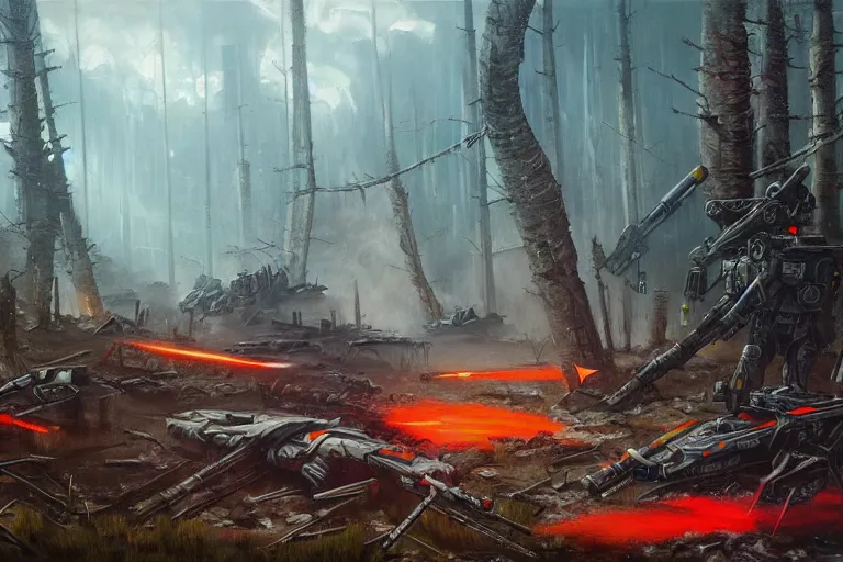Prompt: grim oil painting of weaponized futuristic battlefield in a destroyed forest, magali villeneuve, trending on artstation