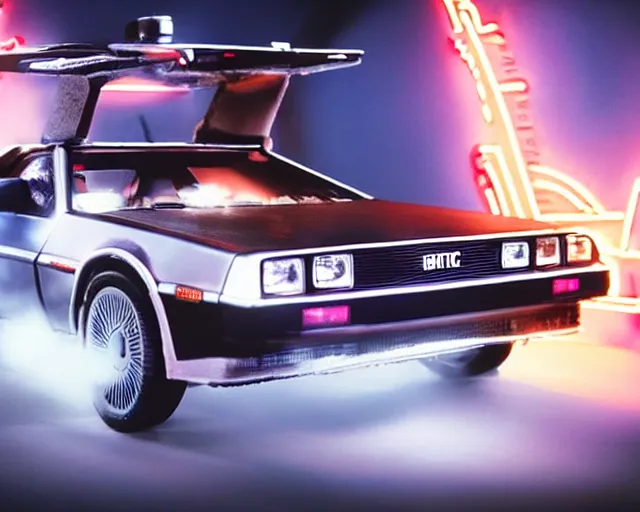 Prompt: still of delorean from bttf, traveling in time at high speed, long exposure, ultra - realistic and intricate, epic neon lighting