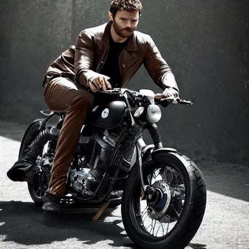 Jamie Dornan in a motorcycle biker costume, highly | Stable Diffusion