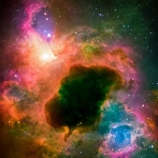 Image similar to modern double exposure monochrome spacesuit over a brilliant iridescent nebula. orange, pink, purple color ombre.