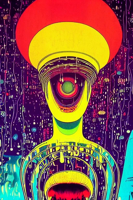 Prompt: 8 0 s art deco close up portait of mushroom head with big mouth surrounded by spheres, rain like a dream oil painting curvalinear clothing cinematic dramatic cyberpunk fluid lines otherworldly vaporwave interesting details epic composition by basquiat artgerm