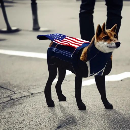 Image similar to doge wearing a make america great again cap, realistic, super detailed, wide shot, 8 k,