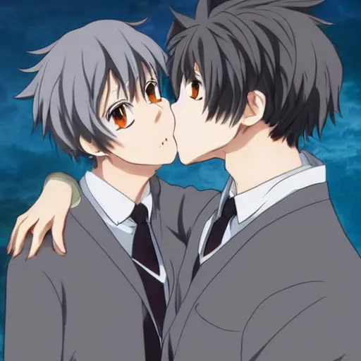 Image similar to key anime visual still portrait of anthropomorphic anthro male grey wolves with handsome eyes, kissing each other, wearing school uniform, official studio anime still