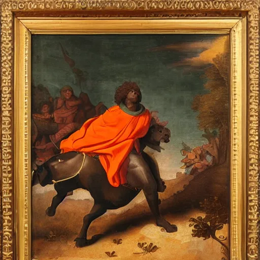 Prompt: black man with afro hair wearing an army green cloak, riding!!! an orange!! bull!!!, renaissance style painting