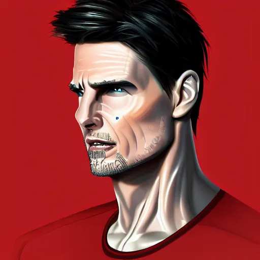 Image similar to cybernetic cyborg tom cruise, sharp lines, digital, artstation, colored in