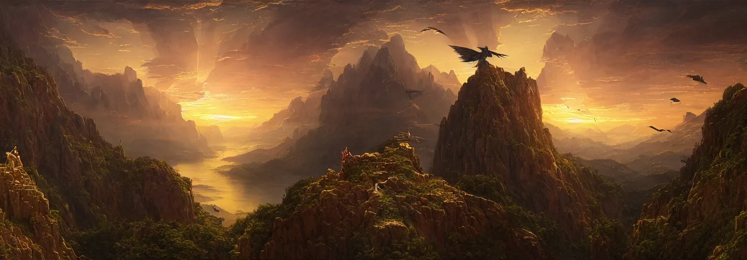 Prompt: Icarus with his wings on fire crashed and burned on the side of a mountain while Daedalus bows his head in disbelief from his workshop in the mountains below. in the style of a surreal and awe-inspiring thomas cole and bruce pennington digital art panorama landscape painting at sunset. unreal engine, 4k, matte, exquisite detail