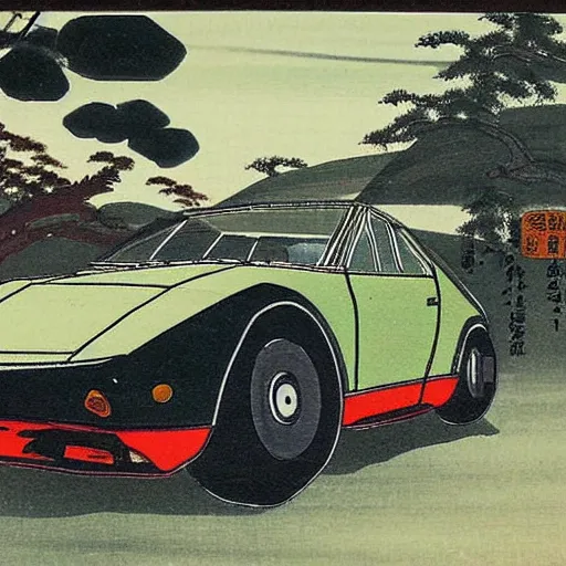 Prompt: a japanese old painting of a lamborghini in the moutain