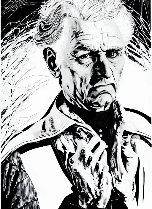 Image similar to an old chaplain with white hair, old priest wearing black clothes, backcombed white hair. art by martin ansin, martin ansin artwork. portrait.