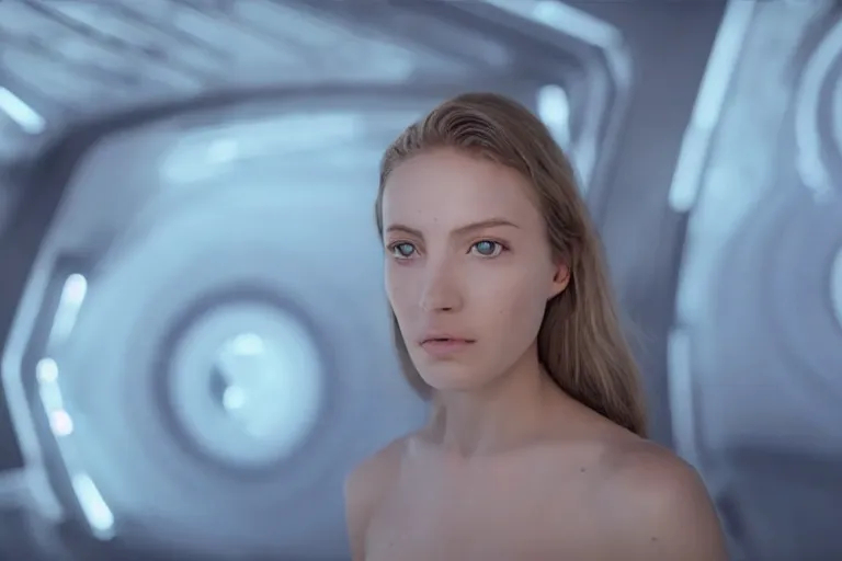 Image similar to VFX movie of a futuristic space woman model gorgeous portrait in inhuman future spaceship, beautiful natural skin natural lighting by Emmanuel Lubezki