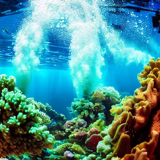 Prompt: the sydney opera house, underwater shot. coral reef. award-winning photography