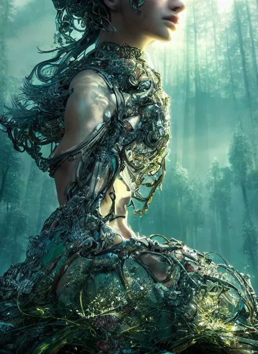 Image similar to beauteous sumptuous biomechanical incredible hair, crystalline masterpiece incrustations, hyperdetailed face, elegant pose, movie still, intricate, octane render, cinematic forest lighting, cgsociety, unreal engine, crepuscular rays, god rays