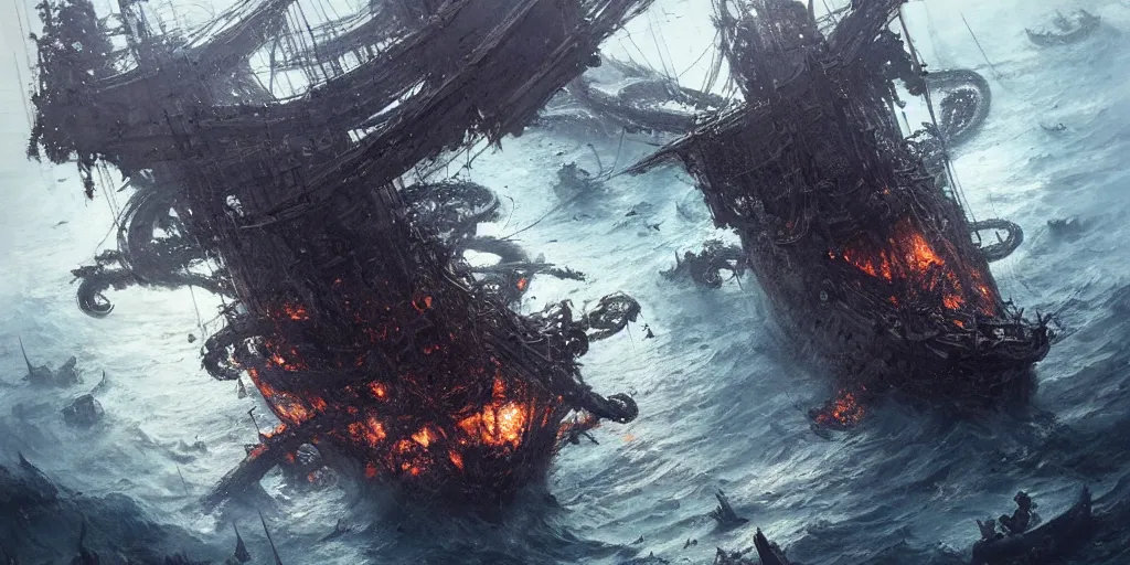 Image similar to A medieval ship flotilla on fire is getting destroyed by a giant kraken sea monster, tentacles, chaos, view from above. In style of Yoji Shinkawa and Hyung-tae Kim, trending on ArtStation, Greg Rutkowski, dark fantasy, great composition, concept art, highly detailed, scenery.