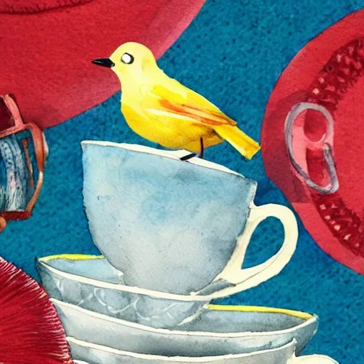 Image similar to a bird sitting on top of a stack of tea cups, a watercolor painting by annabel kidston, shutterstock contest winner, pop surrealism, whimsical, detailed painting, storybook illustration