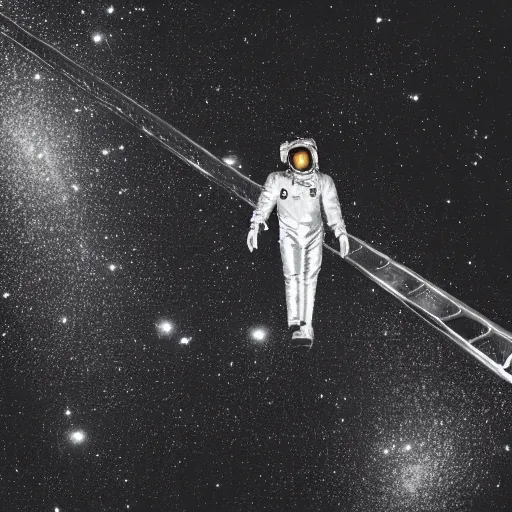 Image similar to mysterious man in silver space suit, walking on a small l shaped steel catwalk, floating in the darkness of space, with a black background, photograph, wide angle, long shot