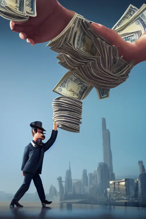 Image similar to a dynamic digital painting and illustration of buzy waiter getting stack of dollars, rendered in octane, cgsociety, artstation, cinematic lighting, 4K, very intricate, HDR