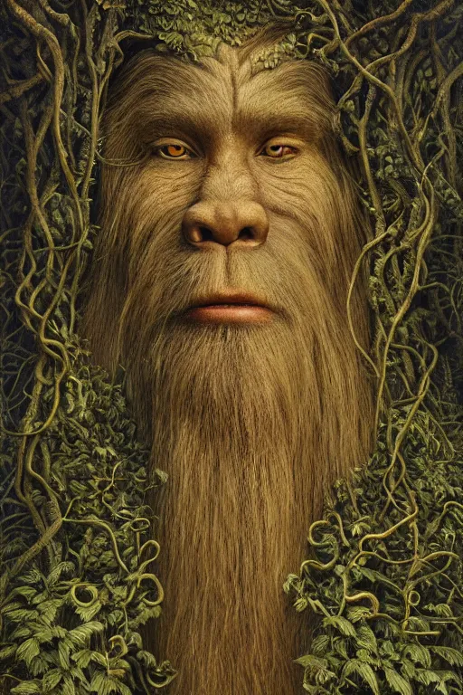 Image similar to intricate stunning highly detailed portrait of bigfoot, 🌱, by agostino arrivabene and vladimir kush, surreal, digital painting, ultra realistic, dramatic lighting, twisted vines, lush plants, pristine water, artstation