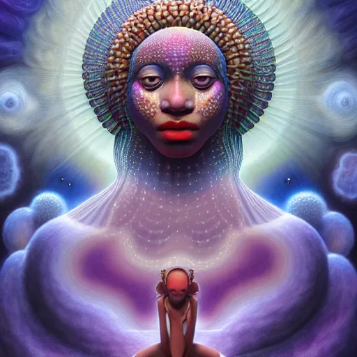 Image similar to obatala the cosmic god sitting in a cabana made of nebula clouds, by Adi granov and afarin sajedi and amanda sage and evgeni gordiets and Agostino Arrivabene in a psychedelic portrait style, ultrarealistic matte painting, volumetric lighting, fractal, extremely symmetrical, highly detailed face, orisha, 8k, hd