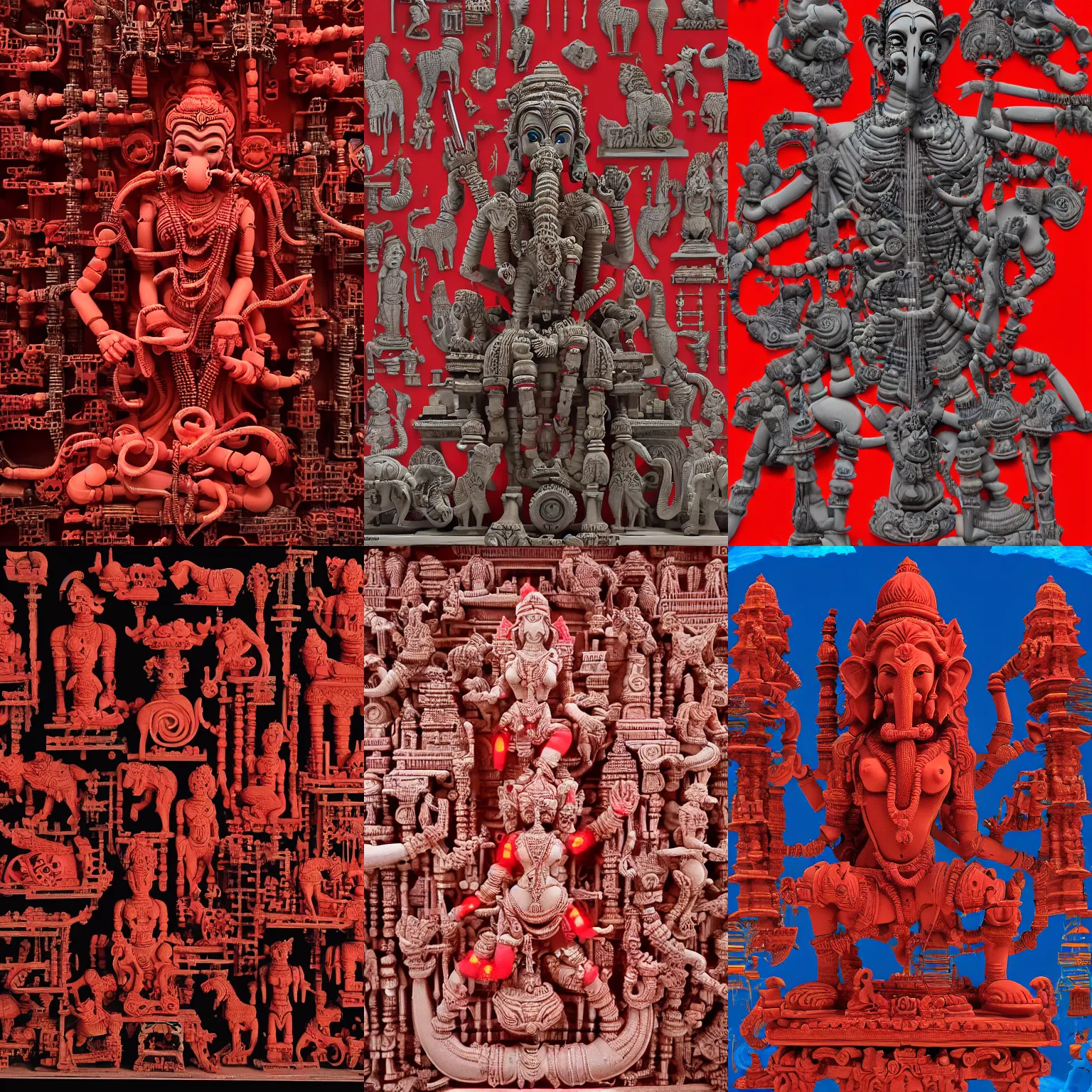 Prompt: all red, red light, highly detailed, epic Khajuraho, Khajuraho, Khajuraho, Ganesha, Shiva, translucent, SSS, transparent, xray, vaporwave, red, flat shaped chrome relief, fossil, mechanic bionic fungus flower cyberpunk cats skeleton mechabot, maze, wires, joints, buttons, gears, dissection relief, by Lorenzo Ghiberti, by Goga Tandashvili, artstation, cgsociety, at Khajuraho, by jonathan ivy, by artgerm, by david lachapelle, shiny, octane, Hdri