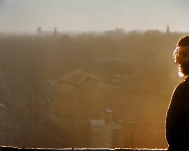 Image similar to award - winning lomographic tarkovsky film still of 4 0 years russian man with beard and sweater standing on small hrushevka 9 th floor balcony in taiga looking at sunset, cinestill, bokeh