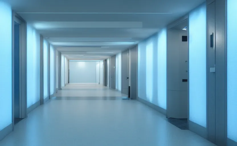 Image similar to an hallway in hospital with soft blue lights in the roof, octane render, artstation trending, highly detailded