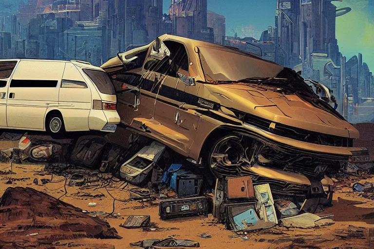 Image similar to a van has crashed and rolled over in the badlands. it's shipment has spilled out. art in the style of vincent di fate's cyberpunk 2 0 2 0.