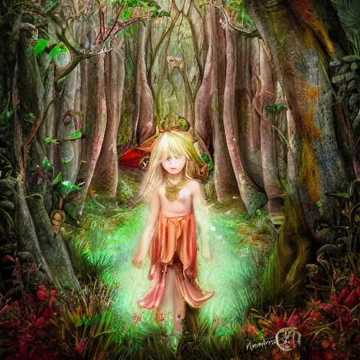 Prompt: ancient ritual in a magical forest, forest child girl, fantasy, artwork, digital art