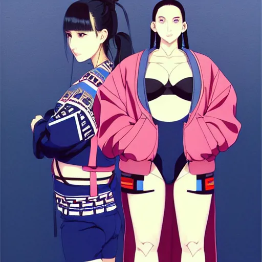 Image similar to a beautiful plus sized model japanese natalie portman, alluring, wearing oversized mayan bomber jacket and leotard with overalls, bulky poofy bomber jacket with mayan patterns, aztec street fashion, gapmoe yandere grimdark, trending on pixiv fanbox, painted by greg rutkowski makoto shinkai takashi takeuchi studio ghibli, akihiko yoshida