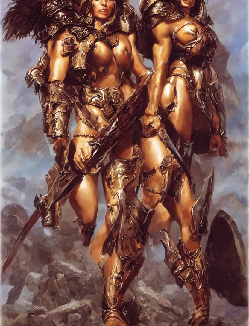 Prompt: Dreamt in 95.90s for !dream beautiful muscular barbarian woman wearing armor posing after victory, d&d, boris vallejo