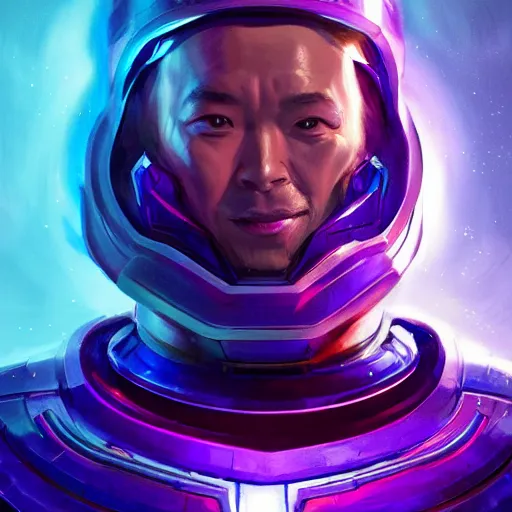 Image similar to a stylized portrait of a kang the conqueror, stylized, arcane magic, blue and purple vapor, neon color, vivid color, lens flare, volumetric light from below, background by justin gerard, hyperdetailed concept art by Ross Tran and Greg Rutkowski, trending on ArtStationHQ, 8k