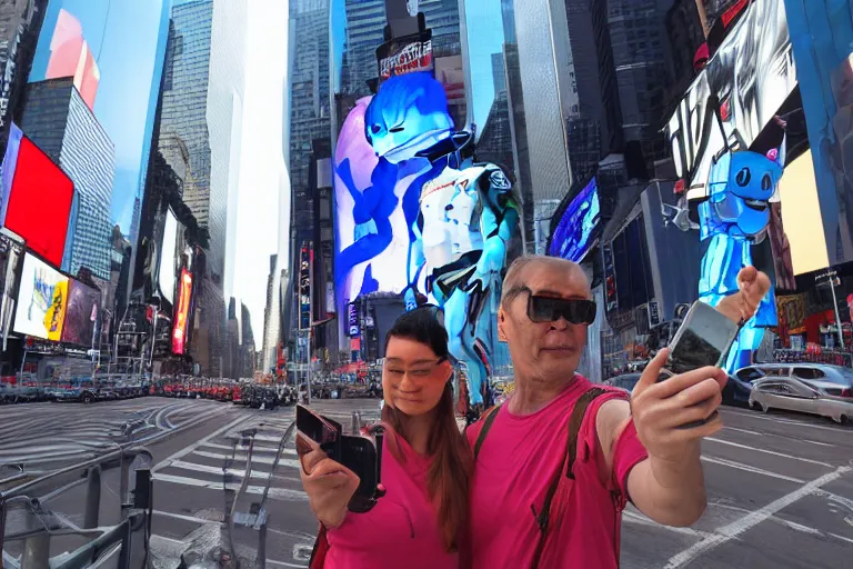 Prompt: n alien and a robot taking a selfie together in new york, times square, digital art by bob eggelton and jim burns