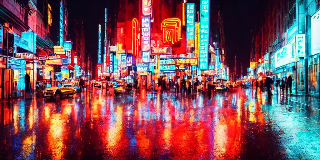 Image similar to A rainy street lit up by neon signs in the city