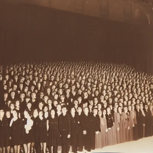 Image similar to Photo of crowd at 1944 opera with one person colorized