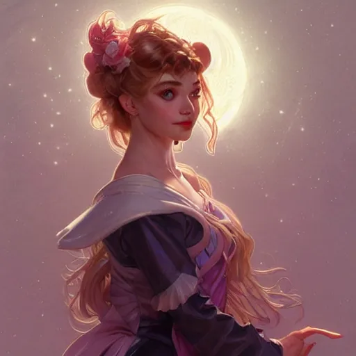 Image similar to Imogen Poots as Sailor Moon, western, D&D, fantasy, intricate, elegant, highly detailed, digital painting, artstation, concept art, matte, sharp focus, illustration, art by Artgerm and Greg Rutkowski and Alphonse Mucha