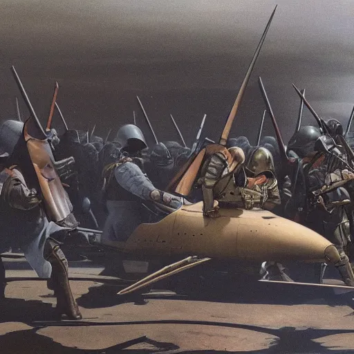 Image similar to syd mead fictional history world war 2 medieval weapons hyperrealism photo - realistic lifelike photography roger dean moebius