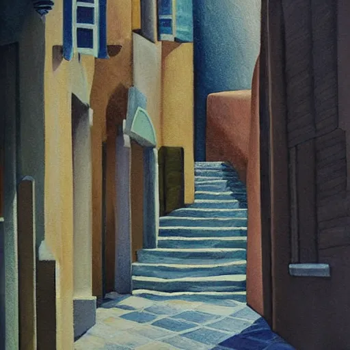 Image similar to our lost honeymoon by clara memette. painting inspired by italian streets. dim romanticism