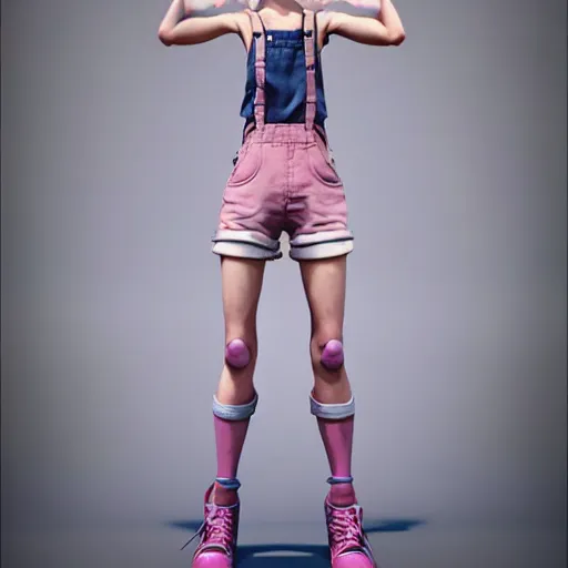 Prompt: full body pose, pixar, beautiful androgynous girl, pink pixie cut hair, smiling, torn overalls, short shorts, combat boots, fishnets, beautiful, highly detailed face, true anatomy!, extremely detailed!, digital painting, unreal engine 5, art by tom bagshaw