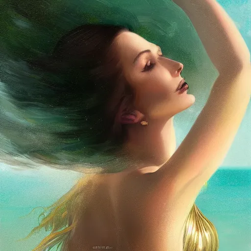 Prompt: beautiful lady klaudia with long gold hair wearing shiny green bikini, sunbathing on a beach of paradise, intricate, elegant, digital painting, soft, focus, edge light, charlie bowater, tom bagshaw, greg rutkowski