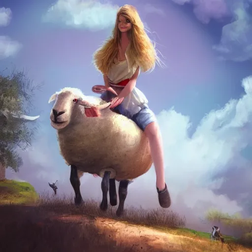 Image similar to girl riding a giant sheep at the farm, trending on artstation