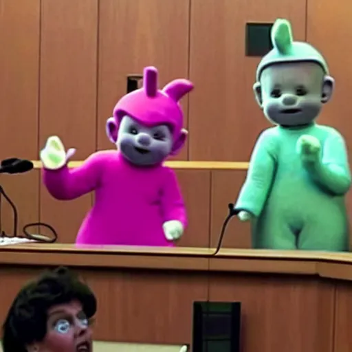 Prompt: teletubbies testifying in court