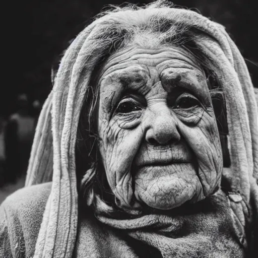 Image similar to realistic black and white old photo of a giant very old woman on destroyed city, full body, short dof, extremely cute, large head, hyper realistic, minutely detailed