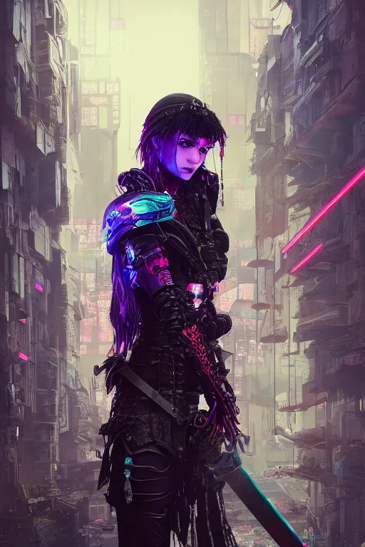 Prompt: [ grimes in medieval cyberpunk armor ]! holding a [ sword in her hand ]! looking out into the [ futuristic cyberpunk city ]!, digital art! style, trending on [ artstation ], 4 k, cgsociety contest winner, award winning, neon! lighting, neon subsurface scattering!, intricate, full - body!, volumetric lighting!