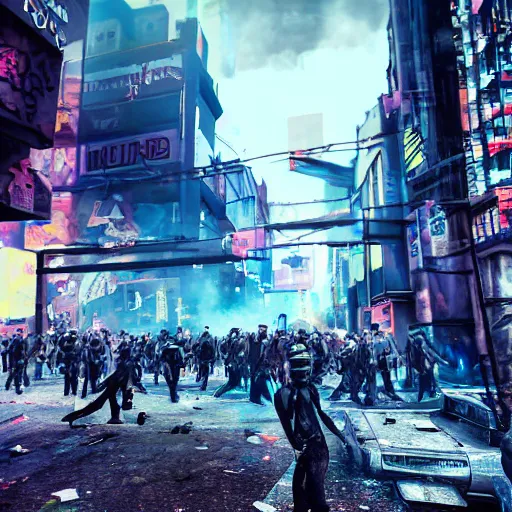 Prompt: photograph of a riot in a cyberpunk city street, first person view