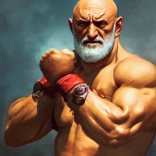 Image similar to mike ehrmantraut as sagat street fighter, wearing eye patch, 4 k, ultra realistic, detailed focused art by artgerm and greg rutkowski and alphonse mucha