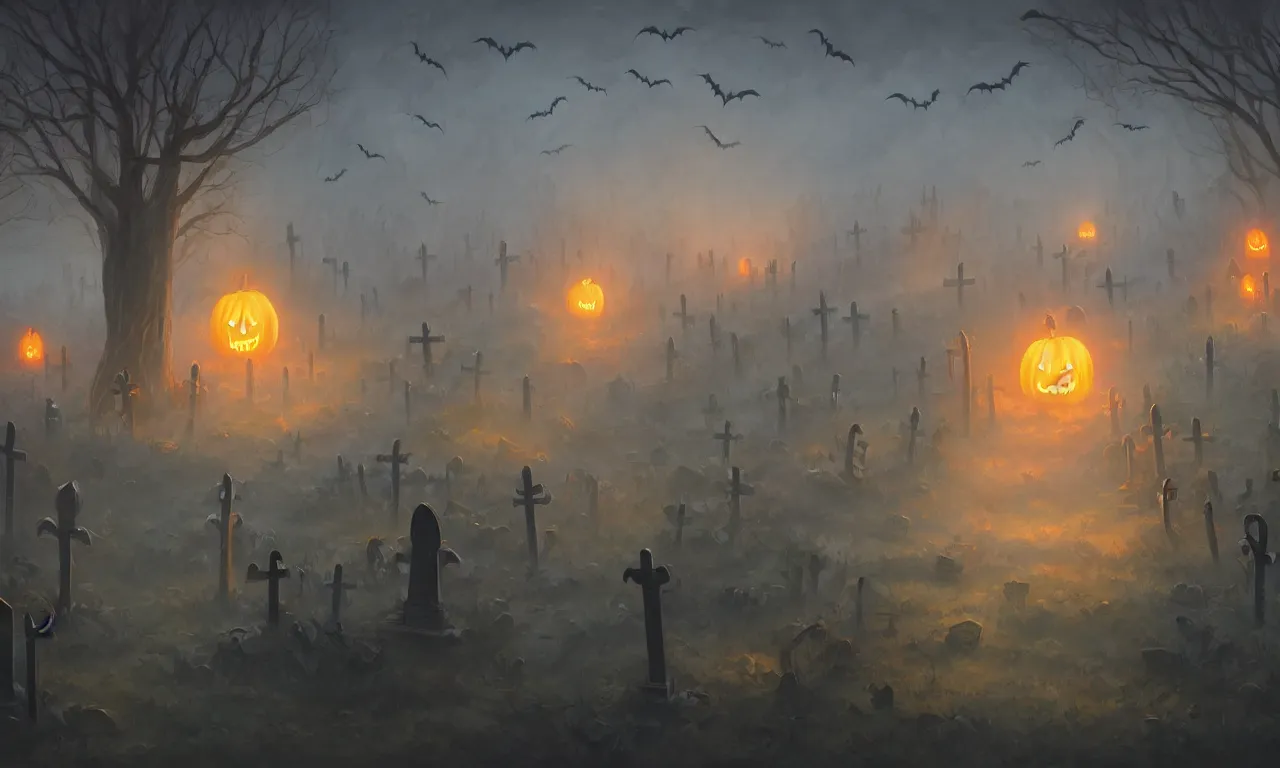 Prompt: halloween night graveyard graves, trending on artstation, 30mm, by Noah Bradley