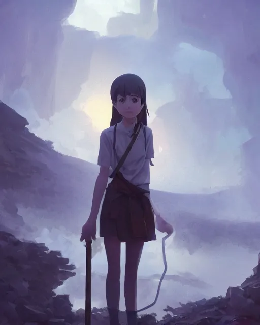 Image similar to a girl holding a pickaxe and covered in smog in a coal mine, atmospheric lighting, detailed body and face, by makoto shinkai, stanley artgerm lau, wlop, rossdraws