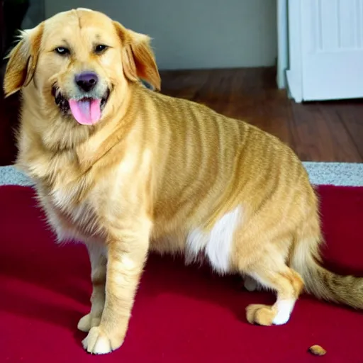 Prompt: tabby cat mixed with golden retriever dog