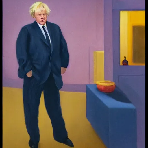 Prompt: a fine art portrait of british prime minister boris john wearing a tracksuit. in the style of edward hopper, richard hamilton and stanley kubrick.